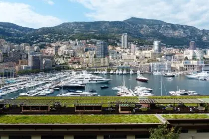 Monaco harbour Port Hercule skyline with yachts viewed on a Cannes to Monaco ferry day trip