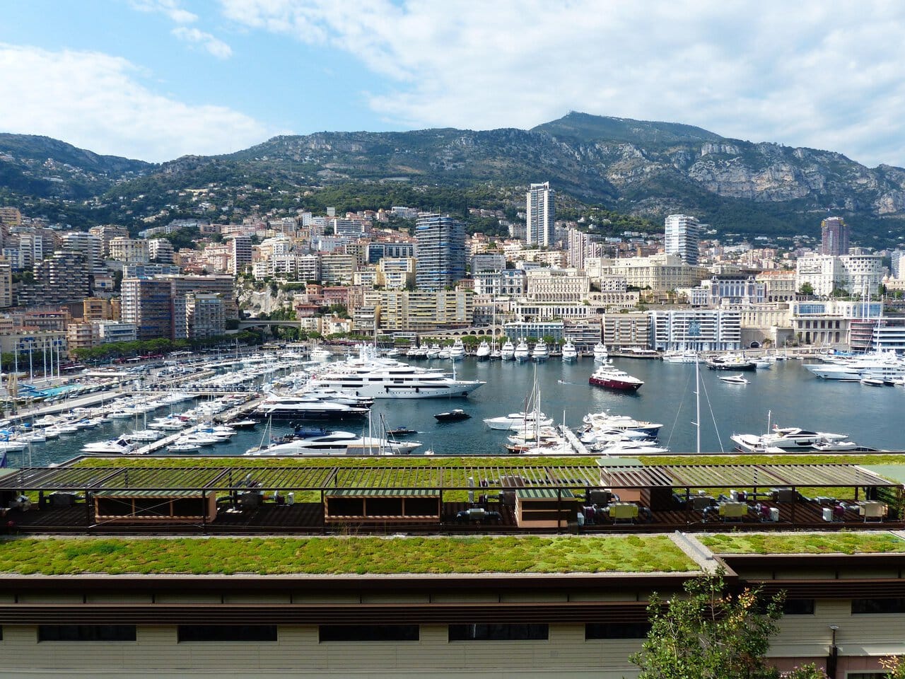 Monaco harbour Port Hercule skyline with yachts viewed on a Cannes to Monaco ferry day trip