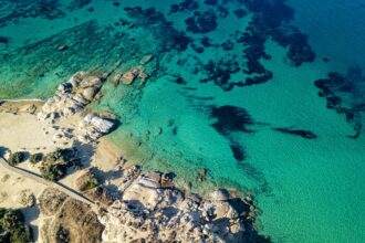 aerial view turquoise beach Naxos Cyclades Greece