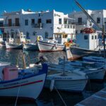 Traditional fishing boats in Paros harbour Cyclades Greece