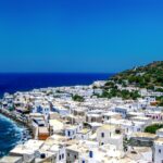 Nisyros island coastal village with white houses overlooking the Aegean Sea in Greece
