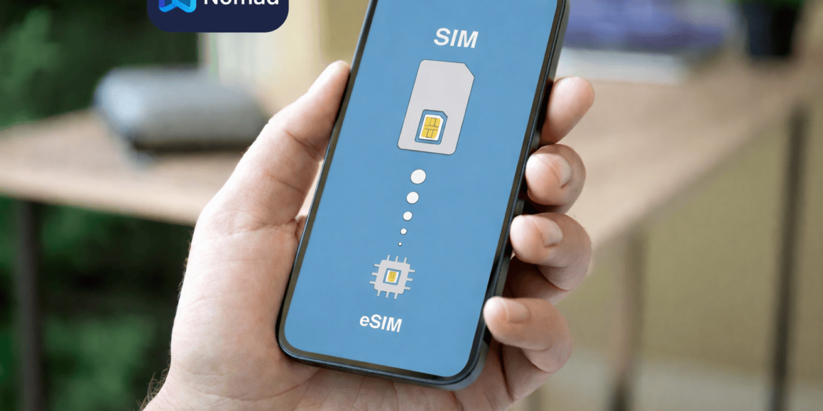 Nomad eSIM travel data app featured image with smartphone and SIM to eSIM concept