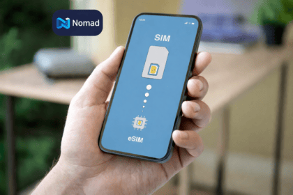 Nomad eSIM travel data app featured image with smartphone and SIM to eSIM concept
