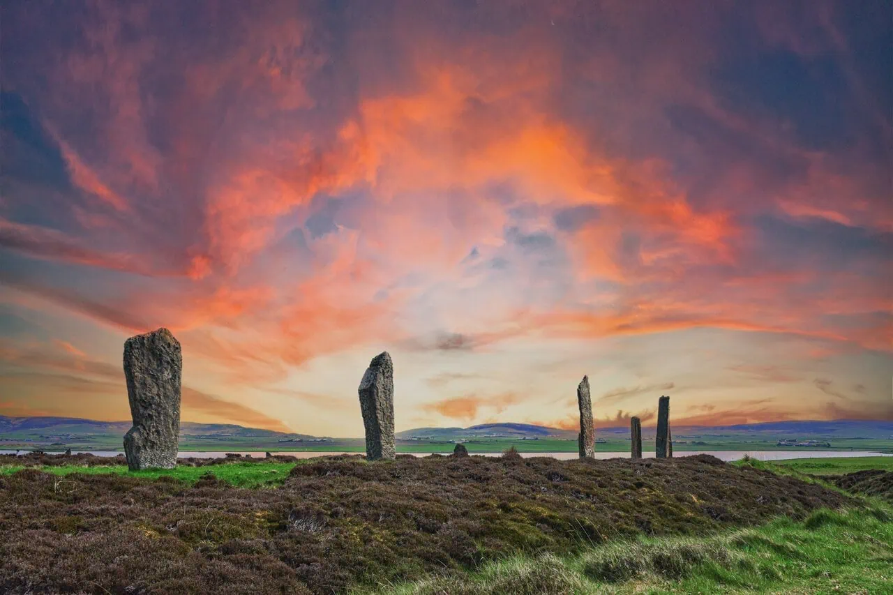 Ring of Brodgar standing stones in Orkney near Kirkwall, reached by the Aberdeen to Orkney ferry