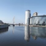 Salford Quays waterfront with MediaCityUK and modern buildings along the Manchester Ship Canal