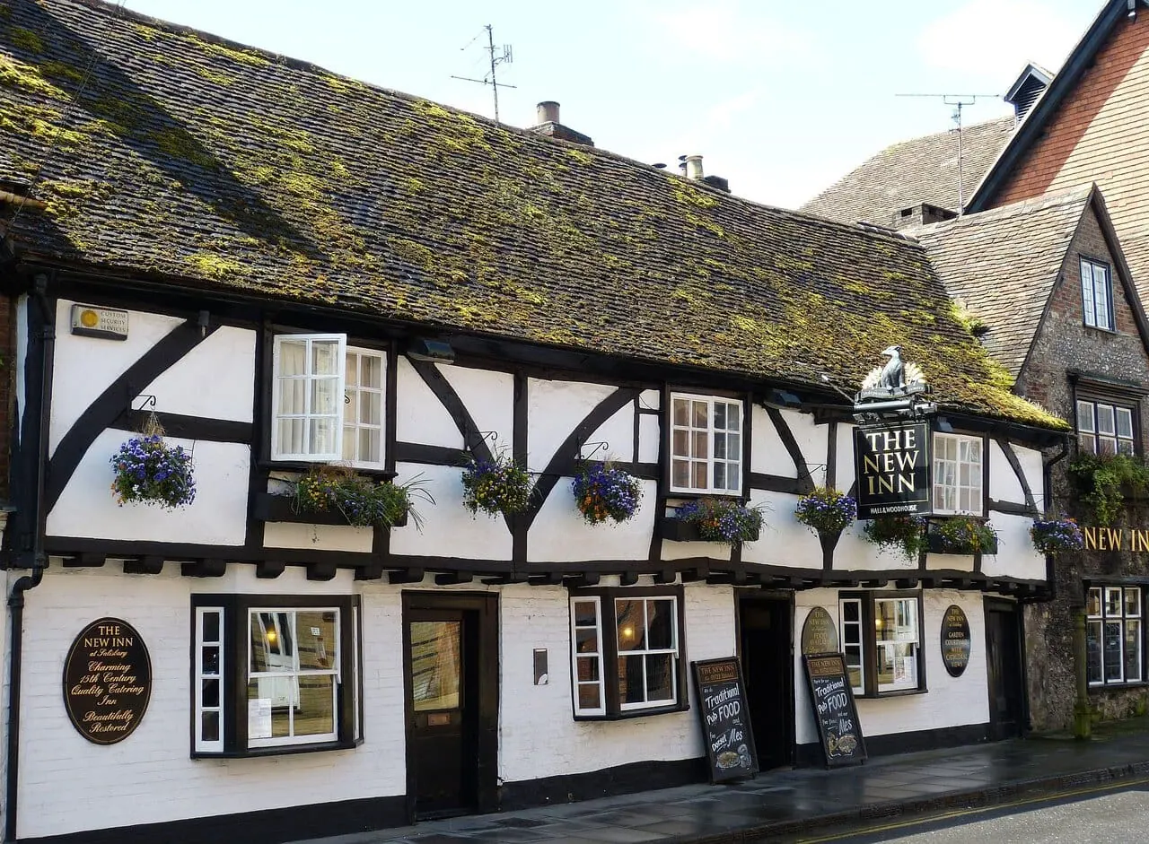Historic timber framed pub in Salisbury Wiltshire with traditional English architecture