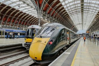 Great Western Railway train at London Paddington station platform