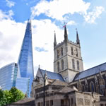 The Shard skyscraper behind Southwark Cathedral near London Bridge