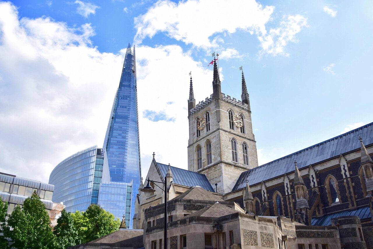 The Shard skyscraper behind Southwark Cathedral near London Bridge