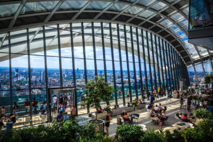 Sky Garden London interior viewing platform with London skyline views