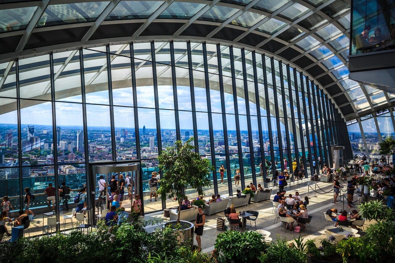 Sky Garden London interior viewing platform with London skyline views