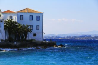 Spetses coastline historic waterfront building Saronic Gulf Greece