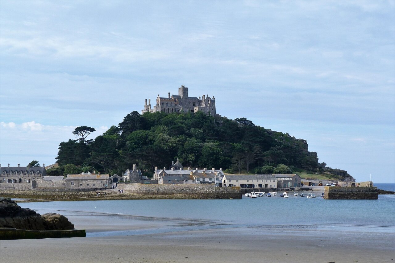 St Michael’s Mount in Cornwall with castle and harbour at low tide