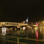 Ryanair aircraft at London Stansted Airport at night