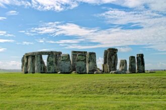 Stonehenge stone circle near Salisbury Wiltshire viewed across open countryside