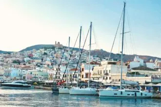 Ermoupoli harbour Syros with yachts and hillside town