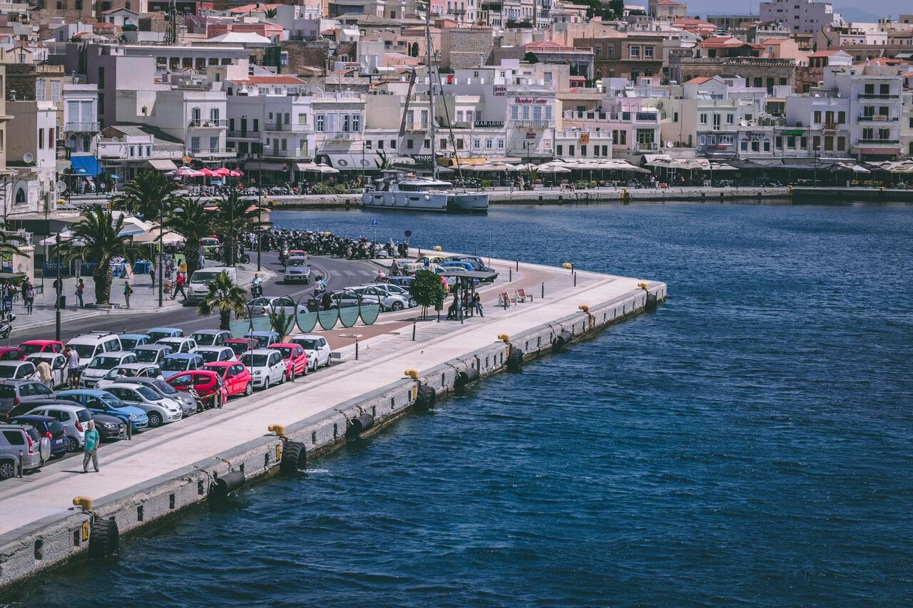 Ermoupoli port waterfront Syros harbour Greece