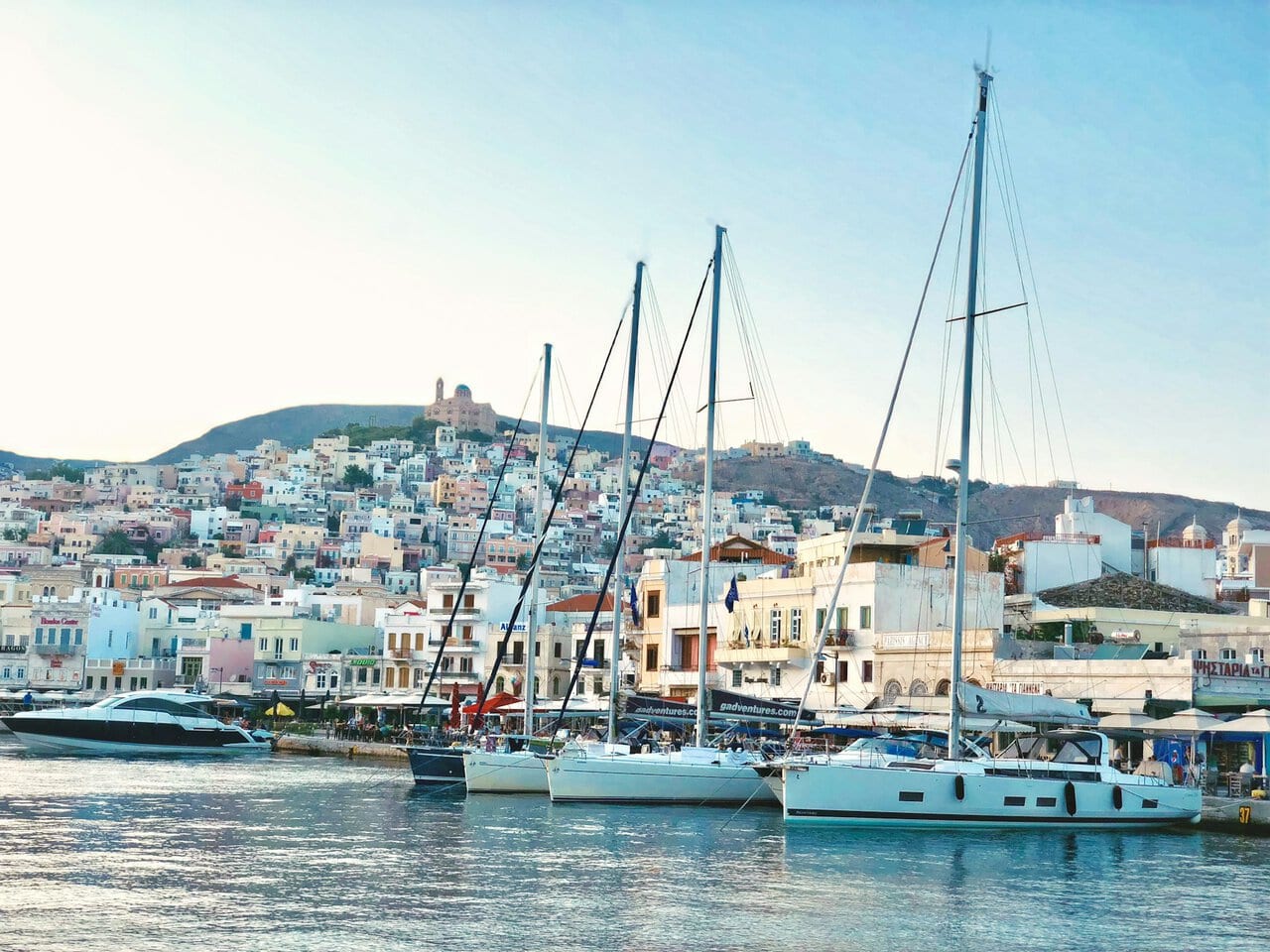 Ermoupoli harbour Syros with yachts and hillside town