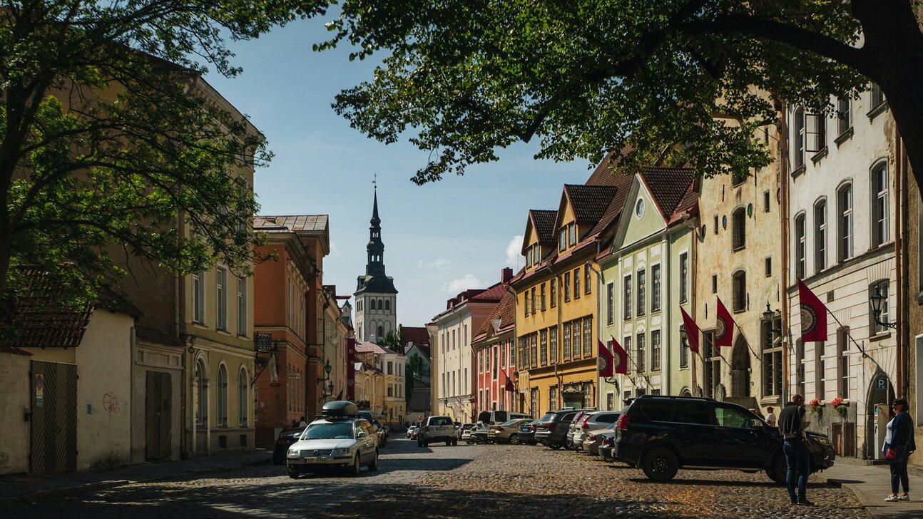 Tallinn Old Town street with colourful buildings and cobbled road