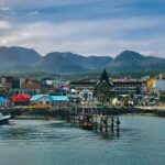Ushuaia waterfront with mountains in Tierra del Fuego Argentina
