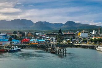 Ushuaia waterfront with mountains in Tierra del Fuego Argentina