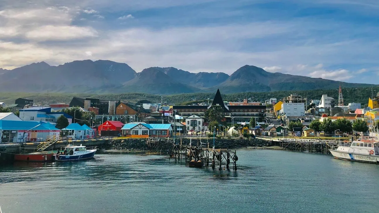 Ushuaia waterfront with mountains in Tierra del Fuego Argentina