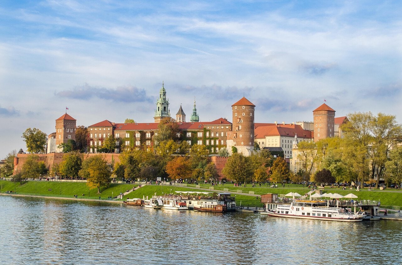 Wawel Castle KrakĂłw viewed from the Vistula River