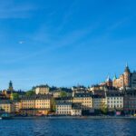 Waterfront skyline of Stockholm viewed across the Baltic waterfront under a clear blue Scandinavian sky