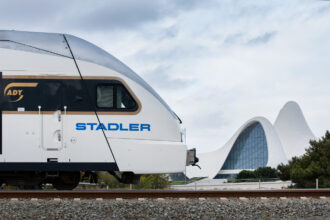 Modern ADY Stadler sleeper train in Baku, Azerbaijan, used on the Baku to Tbilisi overnight railway route.