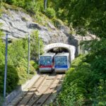 Fløibanen funicular railway climbing Mount Fløyen in Bergen Norway