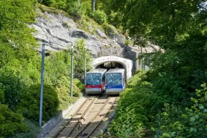 Fløibanen funicular railway climbing Mount Fløyen in Bergen Norway