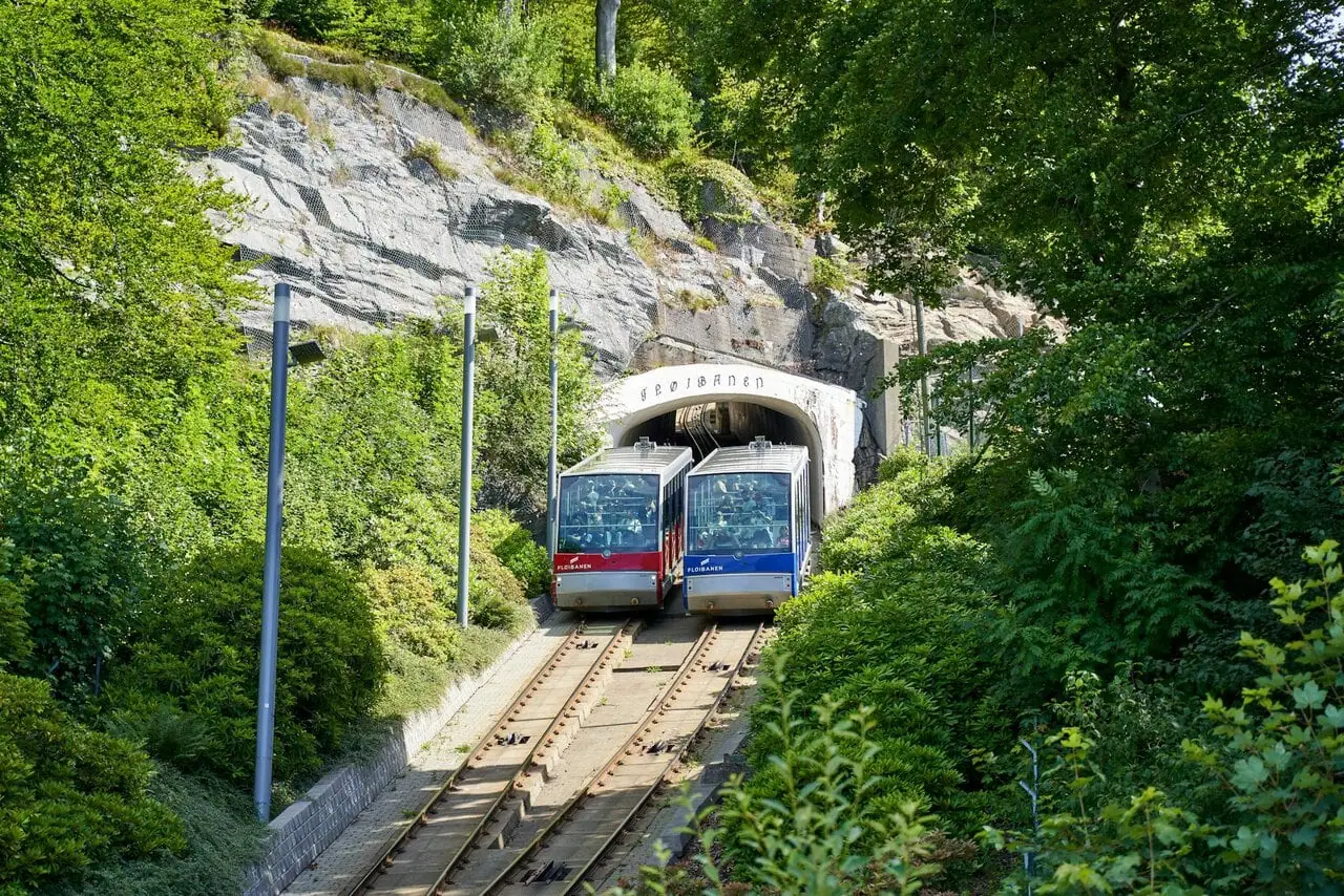 Fløibanen funicular railway climbing Mount Fløyen in Bergen Norway