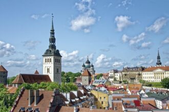 Historic skyline of Tallinn Old Town with church towers and medieval buildings