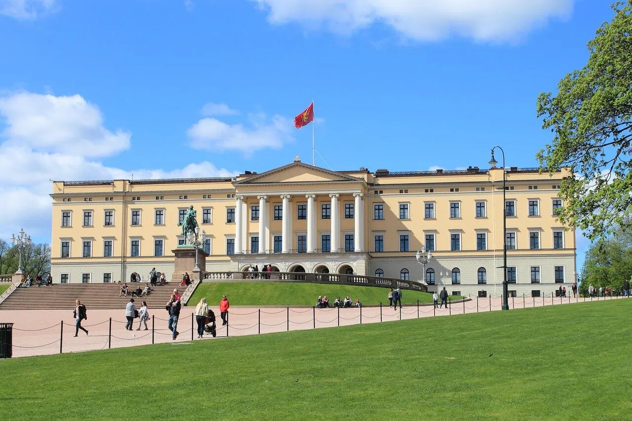 Royal Palace in Oslo Norway with gardens and visitors