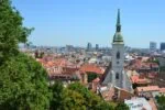 Panoramic view of Bratislava city centre with St Martin’s Cathedral and red rooftops in Slovakia