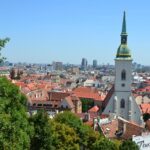 Panoramic view of Bratislava city centre with St Martin’s Cathedral and red rooftops in Slovakia