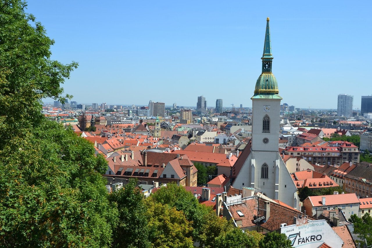 Panoramic view of Bratislava city centre with St Martin’s Cathedral and red rooftops in Slovakia