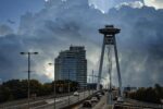 The UFO Bridge in Bratislava, a major Communist era landmark linked to Cold War urban planning in Slovakia.