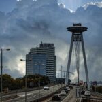 The UFO Bridge in Bratislava, a major Communist era landmark linked to Cold War urban planning in Slovakia.