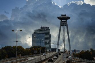 The UFO Bridge in Bratislava, a major Communist era landmark linked to Cold War urban planning in Slovakia.
