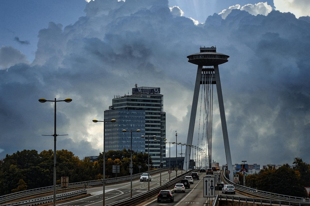 The UFO Bridge in Bratislava, a major Communist era landmark linked to Cold War urban planning in Slovakia.