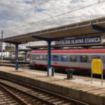 Bratislava hlavná stanica railway station platform with overnight train in Slovakia