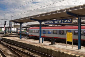 Bratislava hlavná stanica railway station platform with overnight train in Slovakia