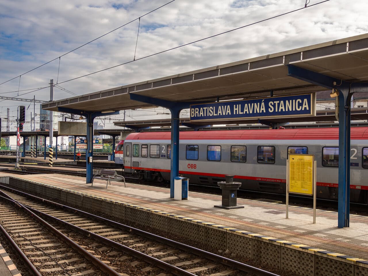 Bratislava hlavná stanica railway station platform with overnight train in Slovakia