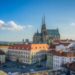 View across central Brno towards the Cathedral of St. Peter and Paul in the Czech Republic
