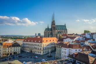 View across central Brno towards the Cathedral of St. Peter and Paul in the Czech Republic