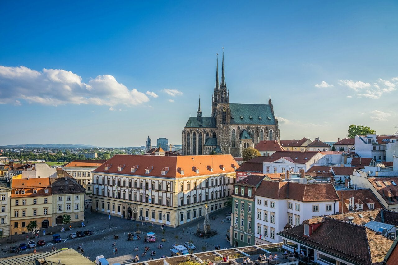 View across central Brno towards the Cathedral of St. Peter and Paul in the Czech Republic