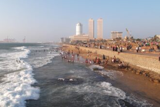 Galle Face Green and Colombo waterfront skyline in Sri Lanka