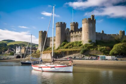 Medieval Conwy Castle overlooking boats on the estuary in North Wales