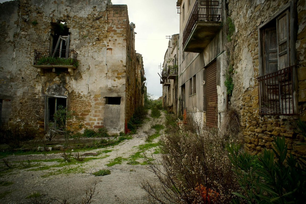 Abandoned earthquake damaged street in Poggioreale Vecchia ghost town in western Sicily.